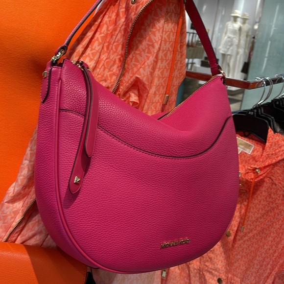 Michael Kors Dover Large Leather Top Zip Half Moon Shoulder Bag in Electric Pink - Picture 2 of 16